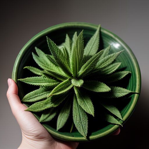 A person holding a green bowl with a marijuana leaf in it.