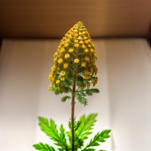 A yellow flower sits on a table in front of a white background.