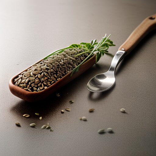 A spoon with seeds and a spoon on a table.