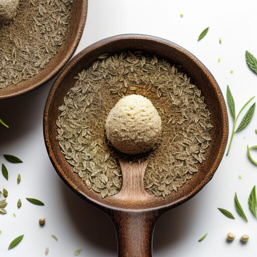 Two wooden spoons filled with seeds and leaves.