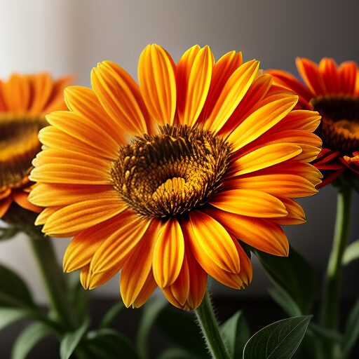 Three orange flowers in a vase on a table.